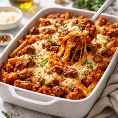 Image of Cheesy Tomato and Sausage Bake with Ziti Pasta