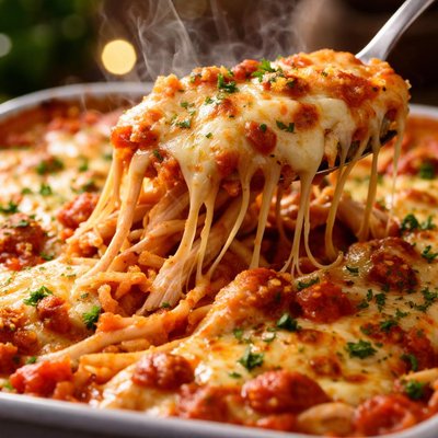 Image of Cheesy Tomato Chicken or Turkey Spaghetti Casserole