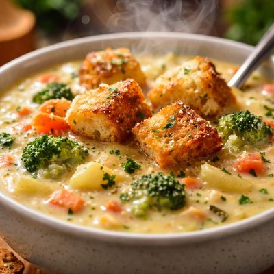 Image of Cheesy Vegetable Soup with Homemade Croutons