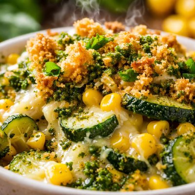 Image of Cheesy Zucchini and Corn with Pesto Bread Topping