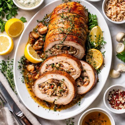 Image of Chef Lyles Roasted Stuffed Pork Loin with Crab and Shiitake