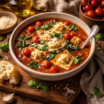 Image of Cherry Tomato and Ravioli Soup