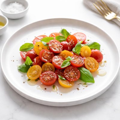 Image of Cherry Tomato White Balsamic Vinegar and Basil Salad