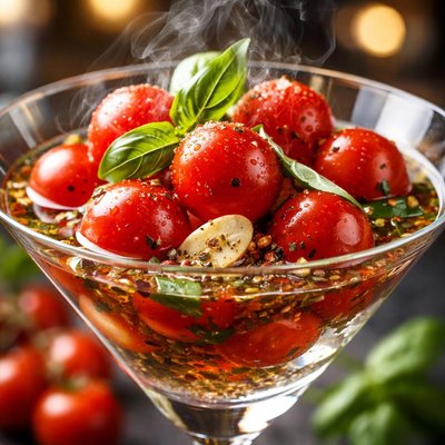Image of Cherry Tomatoes Marinated in Vodka in Oversized Martini Glass