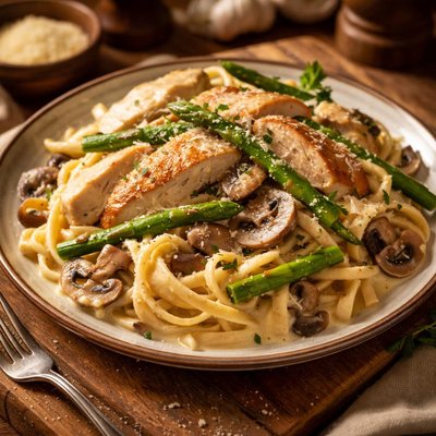 Image of Chicken Alfredo with Mushrooms and Asparagus