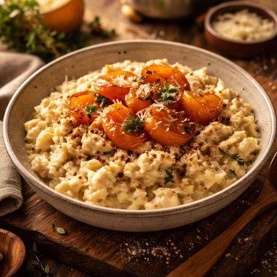 Image of Chicken and Cheese Risotto with Caramelized Apricot Topping