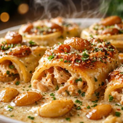 Image of Chicken and Cheese Rotolo with Many Cloves Garlic Sauce