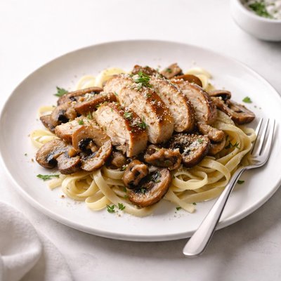 Image of Chicken and Mushrooms Over Noodles
