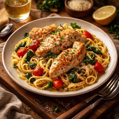 Image of Chicken and Pasta in White Wine Garlic Sauce