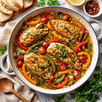 Image of Chicken and Peppers in Garlic Wine Sauce