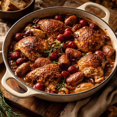 Image of Chicken and Sausage Casserole with Grapes