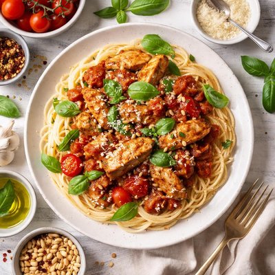 Image of Chicken and Tomato Sauce with Basil and Pine Nuts on Pasta