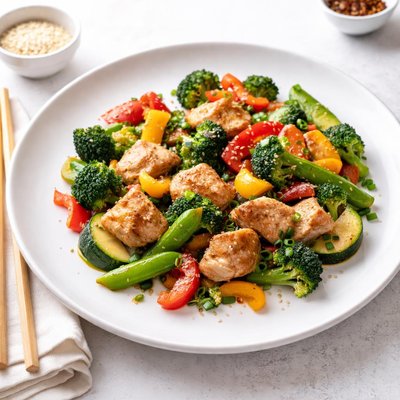 Image of Salteado de Verduras y "Pollo" Vegano