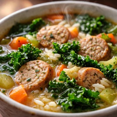 Image of Chicken Apple Sausage Kale and Rice Soup