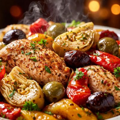 Image of Chicken Artichokes Roasted Peppers and Olives