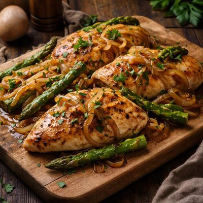 Image of Chicken Asparagus and Caramelized Onions