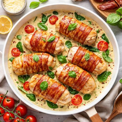 Image of Chicken Bacon Rolls in Creamy Basil Sauce