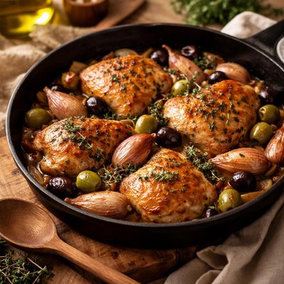 Image of Chicken Baked with Shallots Olives and Thyme