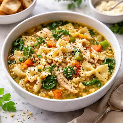 Image of Chicken Barley and Bow Tie Soup