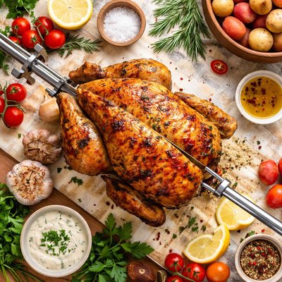 Image of Chicken Basted Deli Rotisserie Chicken on a Spit
