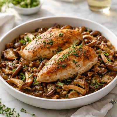 Image of Chicken Breasts Baked on Wild Mushrooms