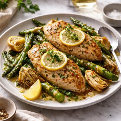 Image of Chicken Breasts with Asparagus and Artichokes