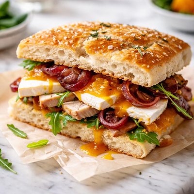 Image of Chicken Brie Onions and Mango Chutney on Focaccia Sandwich