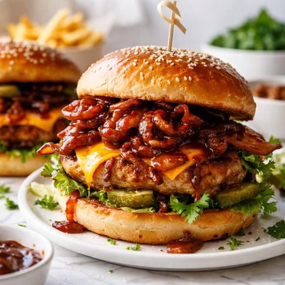 Image of Chicken Burgers with Barbecue Onion Sauce