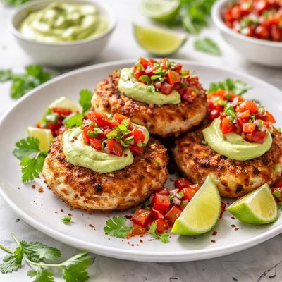 Image of Chicken Cakes with Avocado Mayonnaise and Tomato Salsa