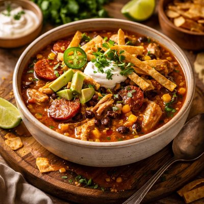 Image of Chicken Chorizo and Tortilla Stoup Stew Like Soup