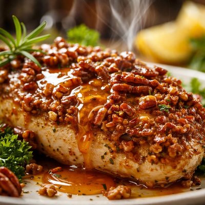 Image of Chicken Coated with Pecans and His Honey Sauce