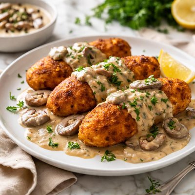 Image of Chicken Croquettes and Mushroom Sauce