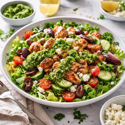 Image of Chicken Greek a Tikka Salad with Parsley Feta Pesto