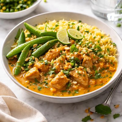 Image of Chicken in Peanut Curry with Saffron Rice and Snow Peas