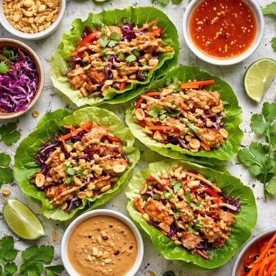 Image of Chicken Lettuce Tacos with a Sweet Chili and Peanut Sauce