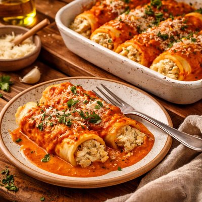 Image of Chicken Manicotti with Red Pepper Cream Sauce
