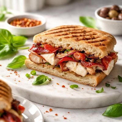 Image of Chicken Mozzarella Panini with Red Peppers and Onions