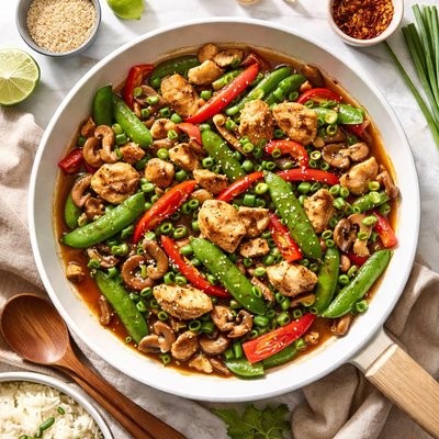 Image of Chicken Mushroom Sugar Snap Peas and Red Bell Pepper Stir Fry
