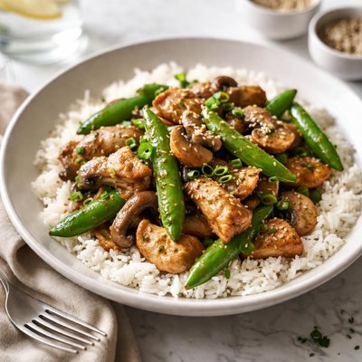 Image of Chicken Mushrooms and Sugar Snap Peas Over Rice