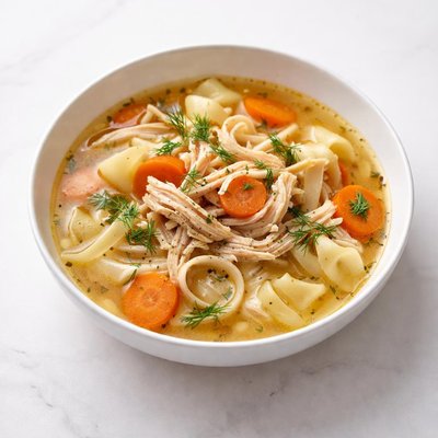 Image of Chicken Noodle Soup with Carrots Parsnips and Dill