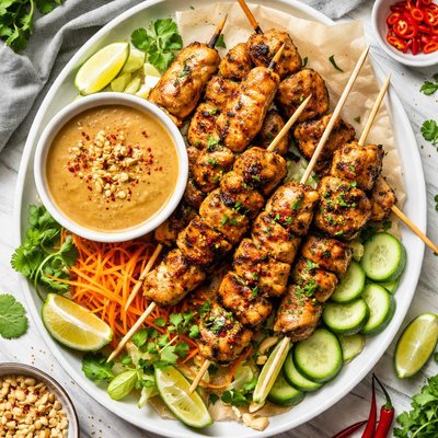 Image of Chicken on a Stick with Peanut Dipping Sauce