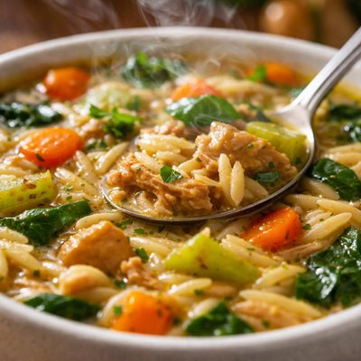 Image of Vegan Chicken Orzo Soup