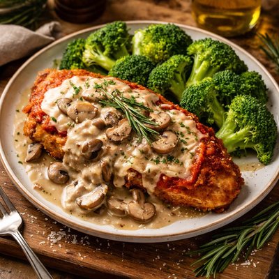 Image of Chicken Parmesan with Mushroom Rosemary Sauce and Steamed Broccoli