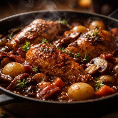 Image of Chicken Red Wine and Bacon Casserole Oamc