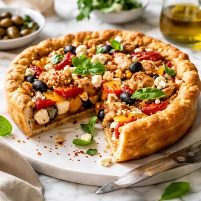 Image of Chicken Roasted Bell Pepper Olive and Feta Pie