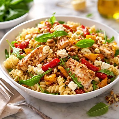 Image of Chicken Roasted Capsicum Feta and Walnut Pasta Salad