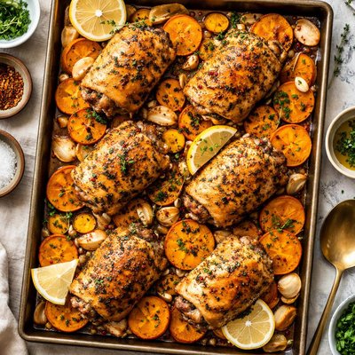 Image of Chicken Roasted on Sweet Potatoes and Garlic