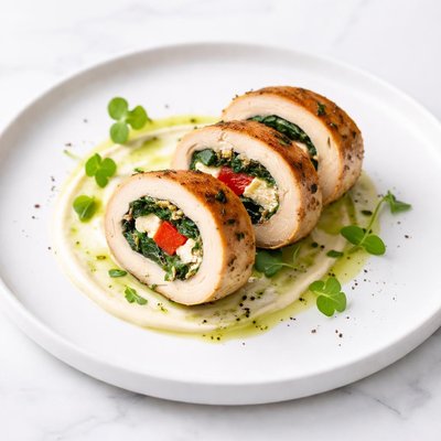 Image of Chicken Roulade with Spinach Feta Cheese and Roasted Red Pepper