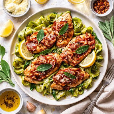 Image of Chicken Saltimbocca with Spinach Pappardelle