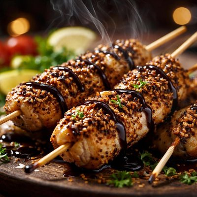 Image of Chicken Skewers with Dukkah Crust and Balsamic Reduction